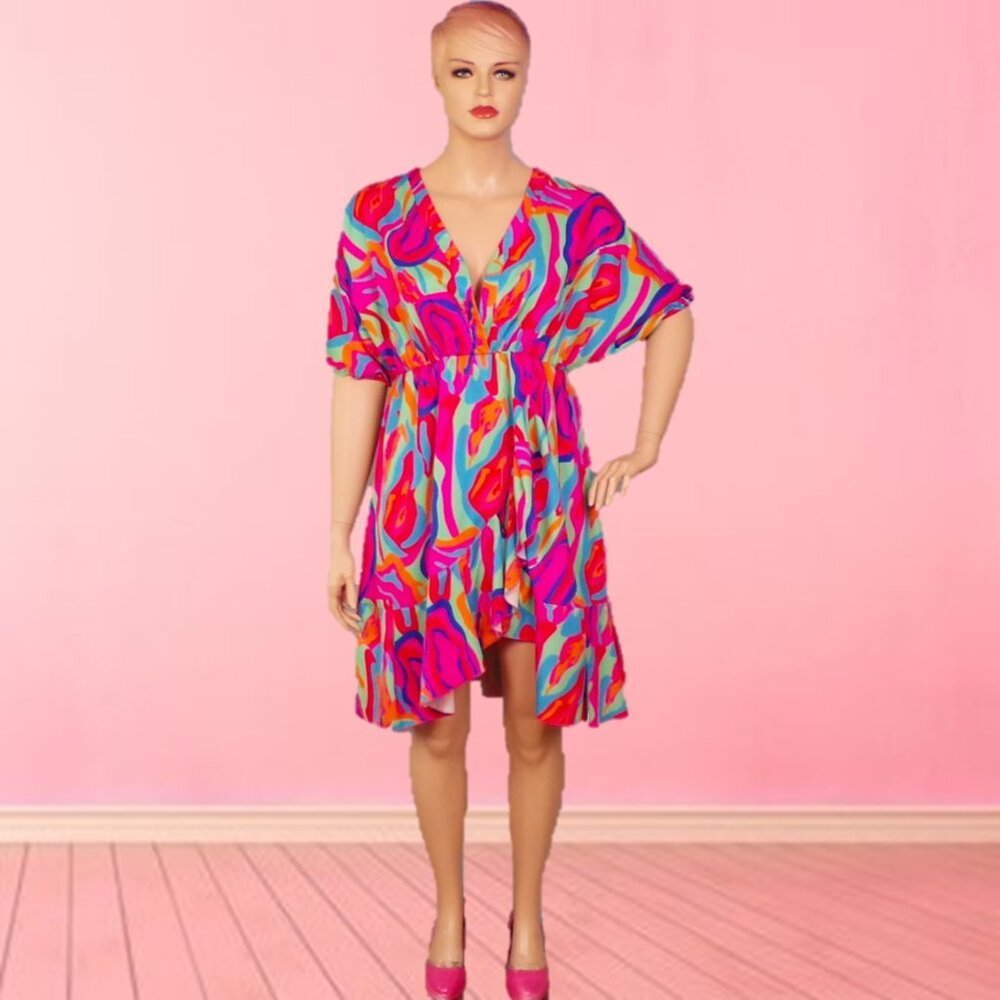 JORESS CURVE size 1XL multicolor half-sleeve fit/flare dress polyester/elestane
